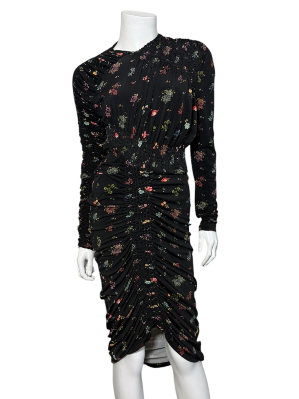 PREEN BY THORNTON BREGAZZI Black Floral Smocked Ruched Midi Dress Size S